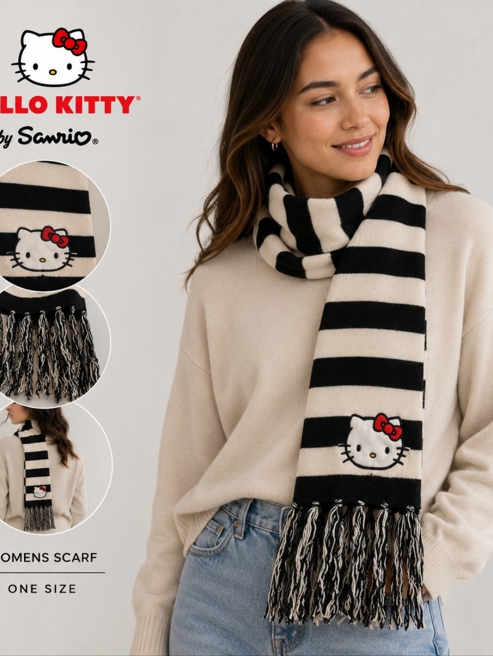 Hello Kitty Sanrio Black White Striped Scarf Fringe Embroidered Winter OSFM